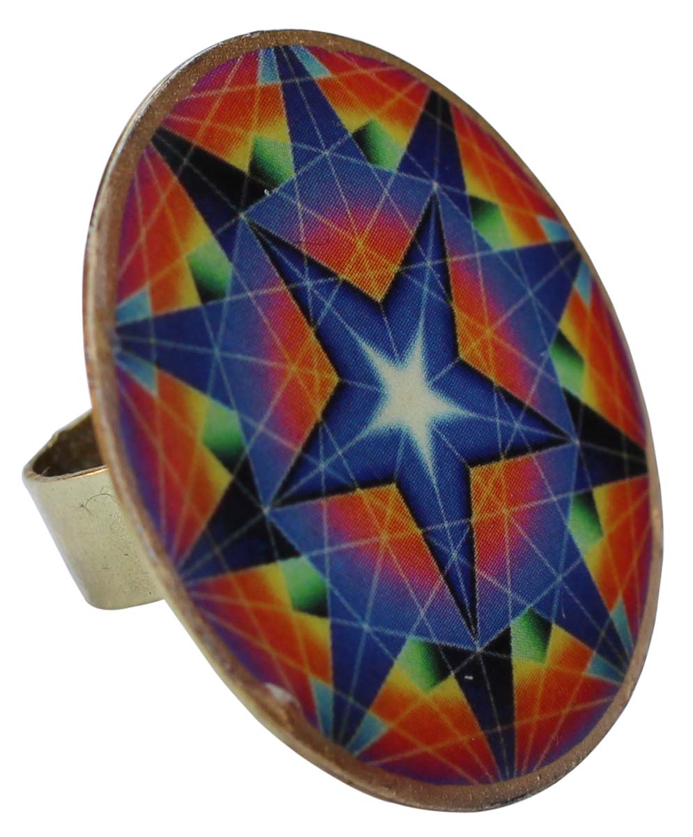Round Brass Statement Ring with Blue Orange Star Pattern - Resizable - Women Accessories / Gifts for Her - Buy in Bulk Wholesale